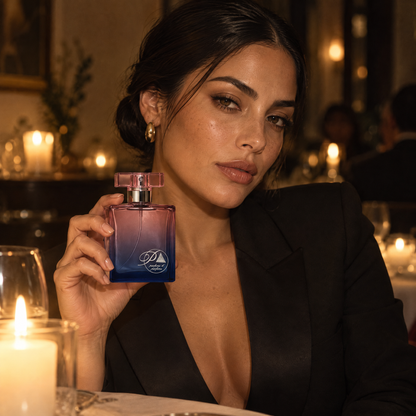 Mujer con el perfume inspirado en Sì en un restaurante elegante de noche
