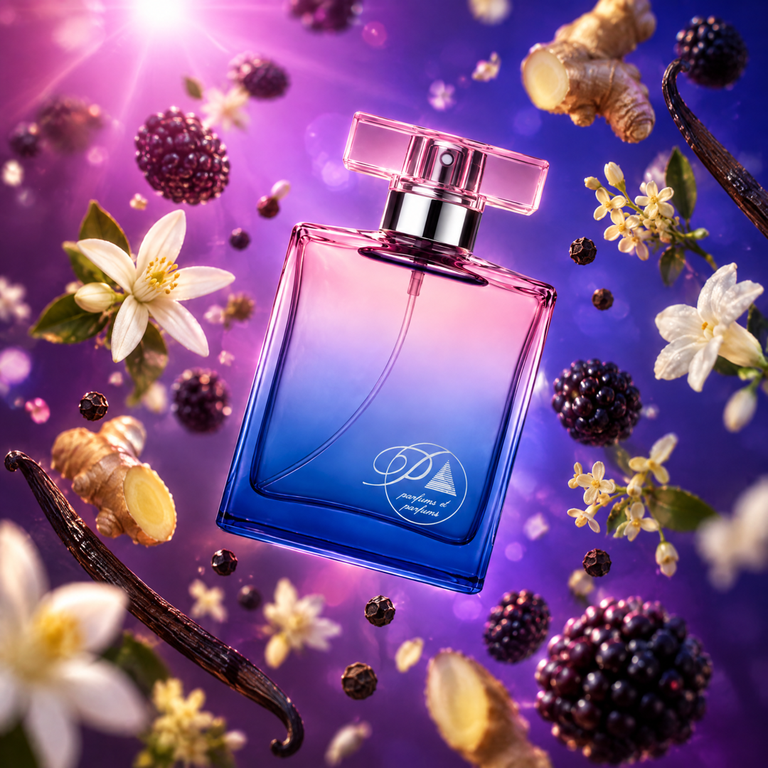 Ingredientes del perfume inspirado en Ultraviolet: mora, jengibre, jazmín, osmanto y vainilla