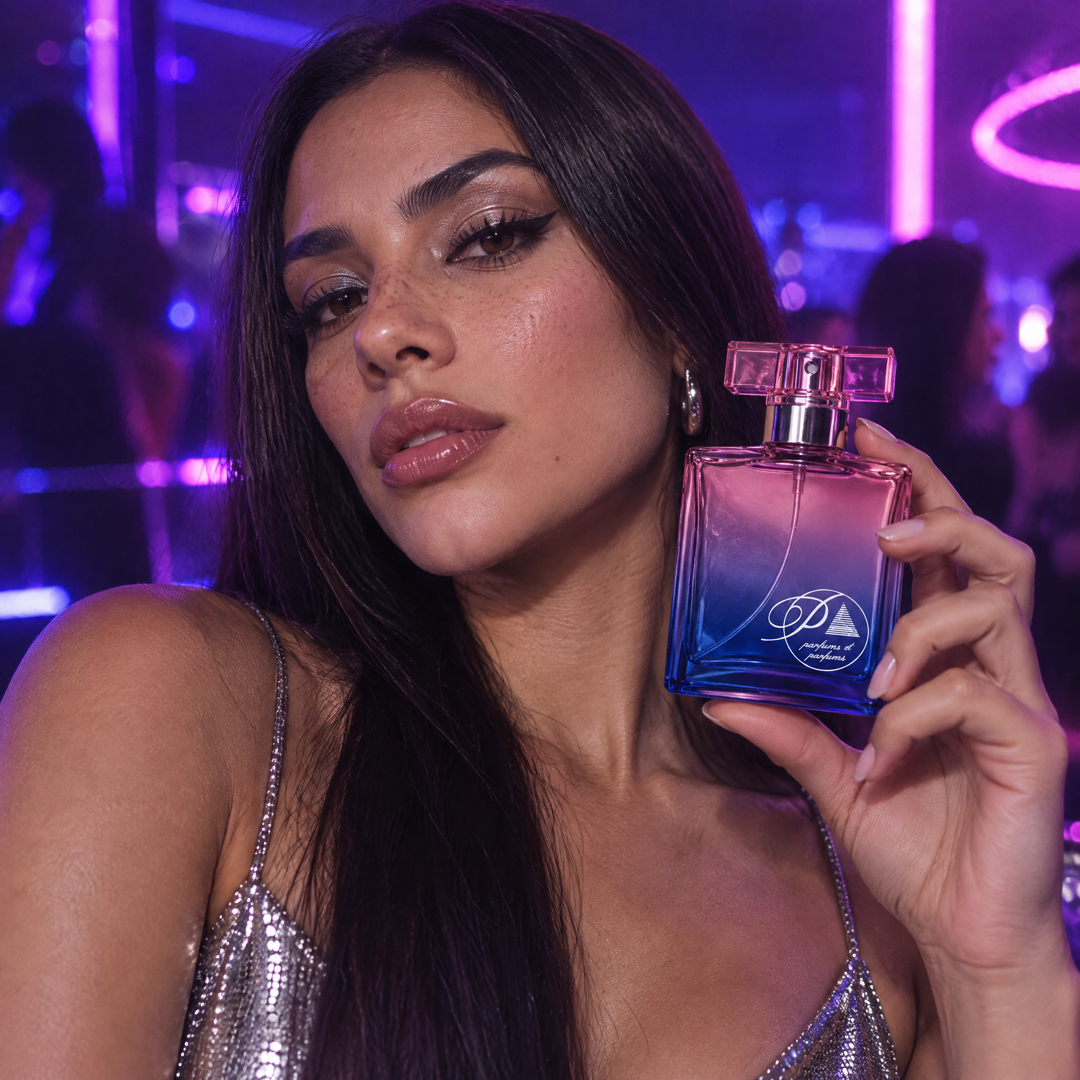 Mujer con el perfume inspirado en Ultraviolet en una discoteca con luces ultravioleta