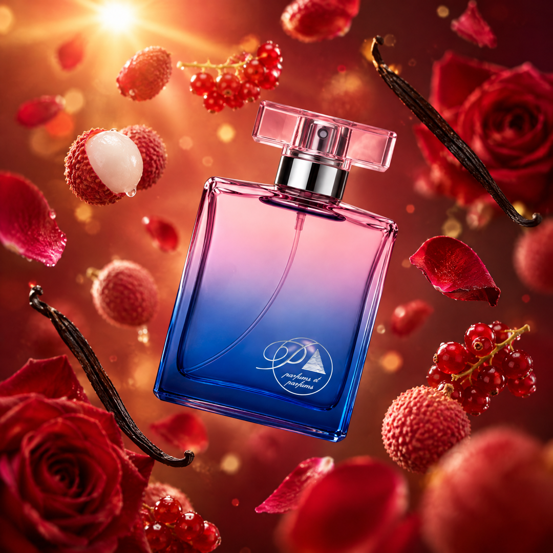 Ingredientes del perfume inspirado en Very Good Girl: lichi, grosella roja, rosa, vetiver y vainilla