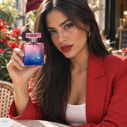 Mujer con el perfume inspirado en Very Good Girl en una terraza de café en la ciudad