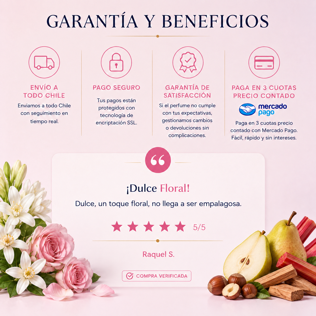 Garantía y beneficios con reseña de cliente, perfume inspirado en Woman by Ralph Lauren