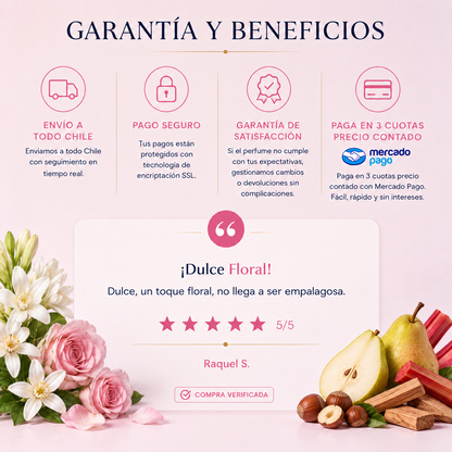 Garantía y beneficios con reseña de cliente, perfume inspirado en Woman by Ralph Lauren