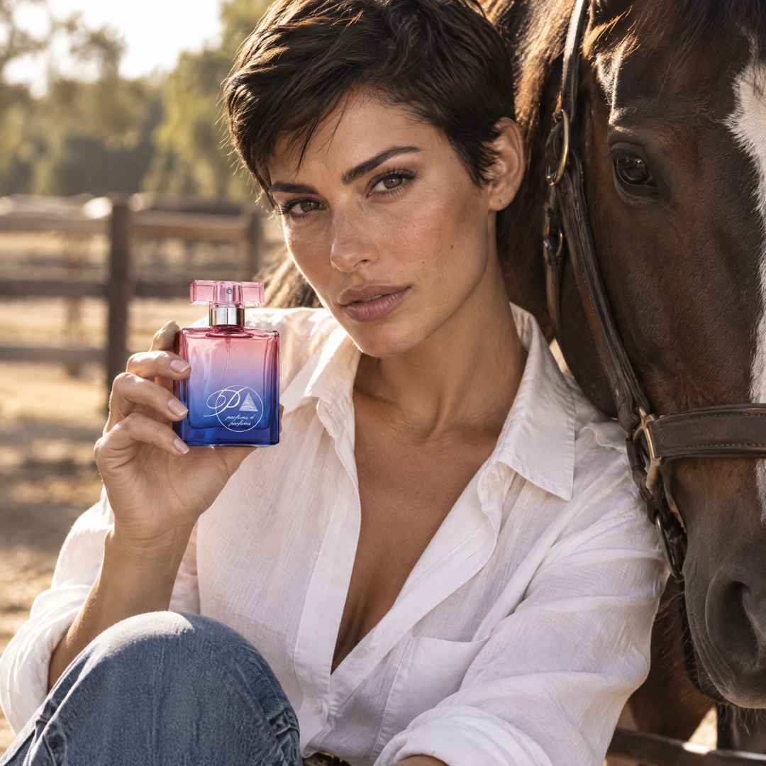 Mujer en un rancho con caballos con el perfume inspirado en Woman by Ralph Lauren de Perfumes Inferno