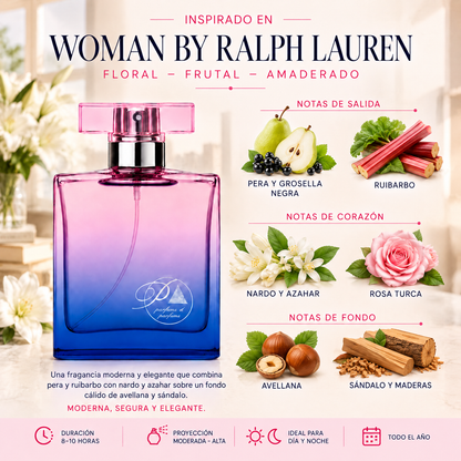 Notas olfativas del perfume inspirado en Woman by Ralph Lauren: pera, grosella negra, ruibarbo, nardo, azahar, rosa turca, avellana, sándalo y maderas
