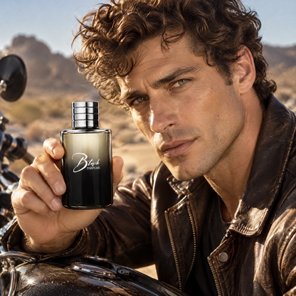 Hombre en moto por el desierto con el perfume inspirado en Ombré Leather de Perfumes Inferno