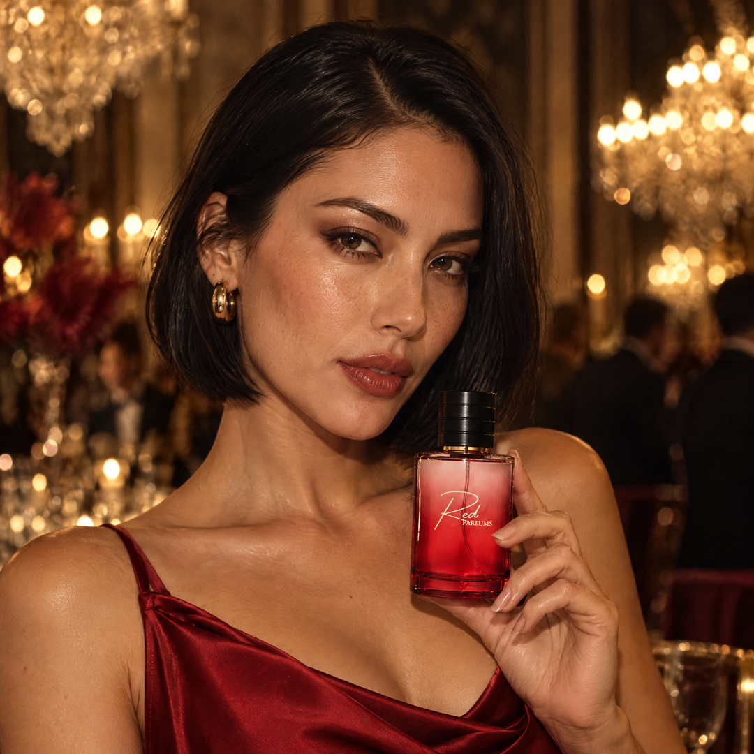 Mujer en un evento de lujo con candelabros de cristal con el perfume inspirado en Baccarat Rouge 540 de Perfumes Inferno