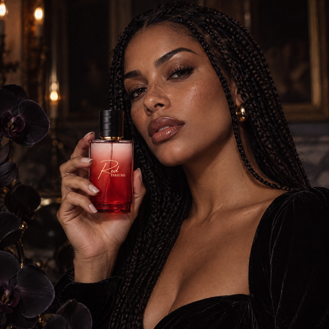 Mujer en una mansión oscura con orquídeas con el perfume inspirado en Black Orchid de Perfumes Inferno