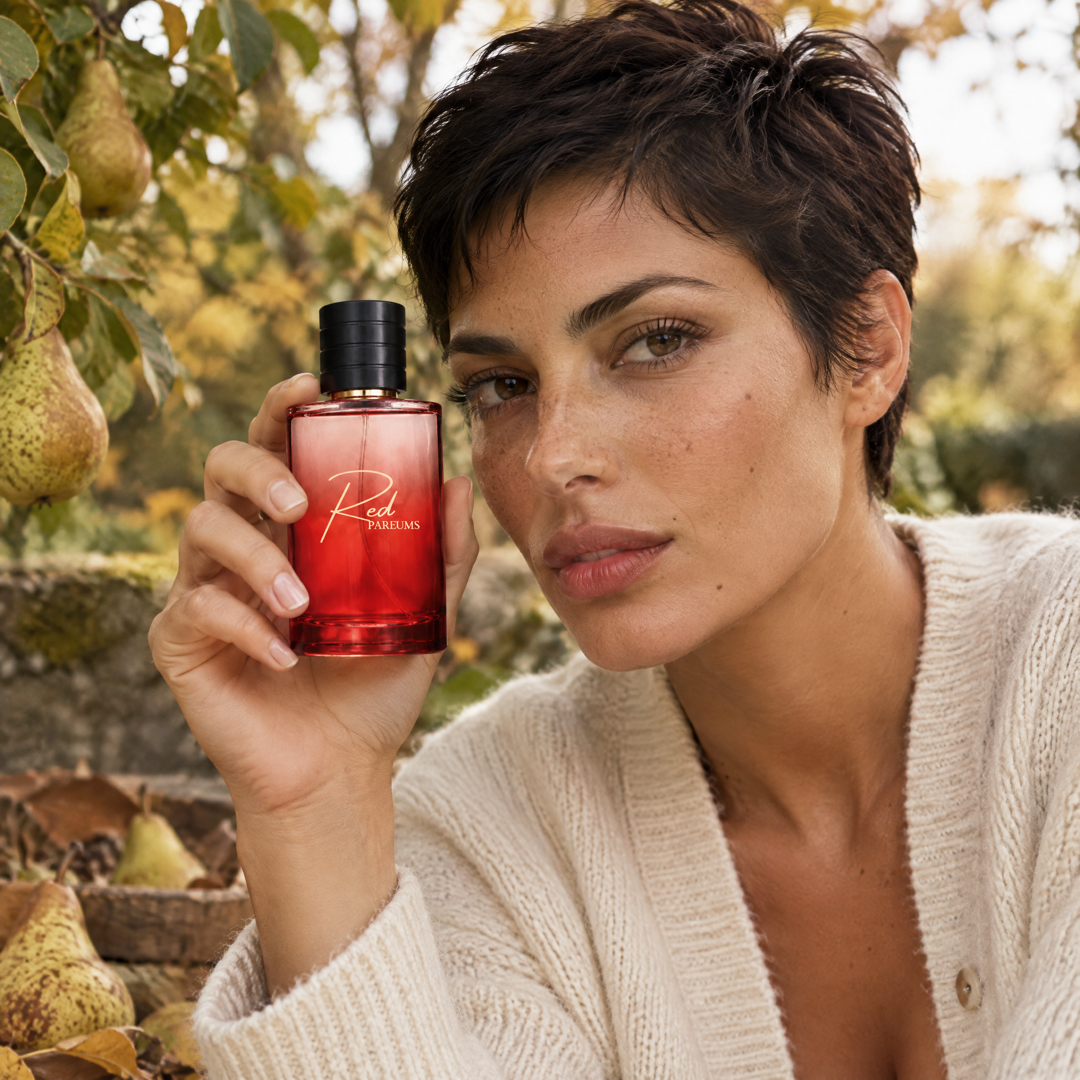 Mujer en un jardín inglés en otoño con el perfume inspirado en English Pear & Freesia de Perfumes Inferno