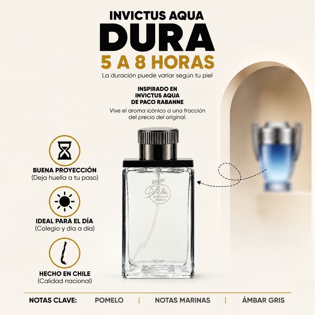 Perfume teen inspirado en Invictus Aqua con duración de 5 a 8 horas