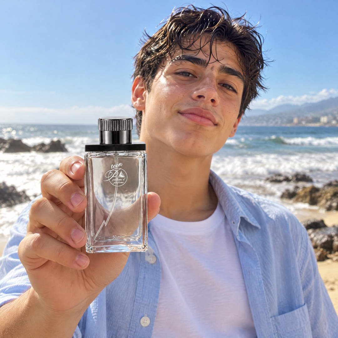 Adolescente con el perfume teen inspirado en Invictus Aqua en la playa