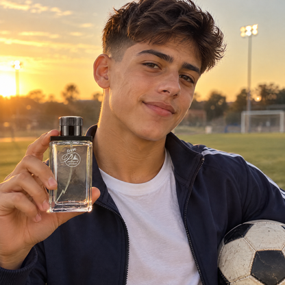 Adolescente con el perfume teen inspirado en Legacy en una cancha de fútbol