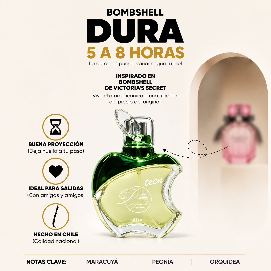 Perfume teen inspirado en Bombshell con duración de 5 a 8 horas