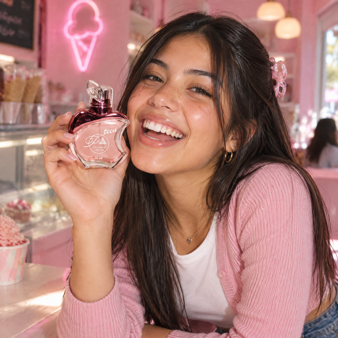 Adolescente con el perfume teen inspirado en Fantasy en una heladería rosada