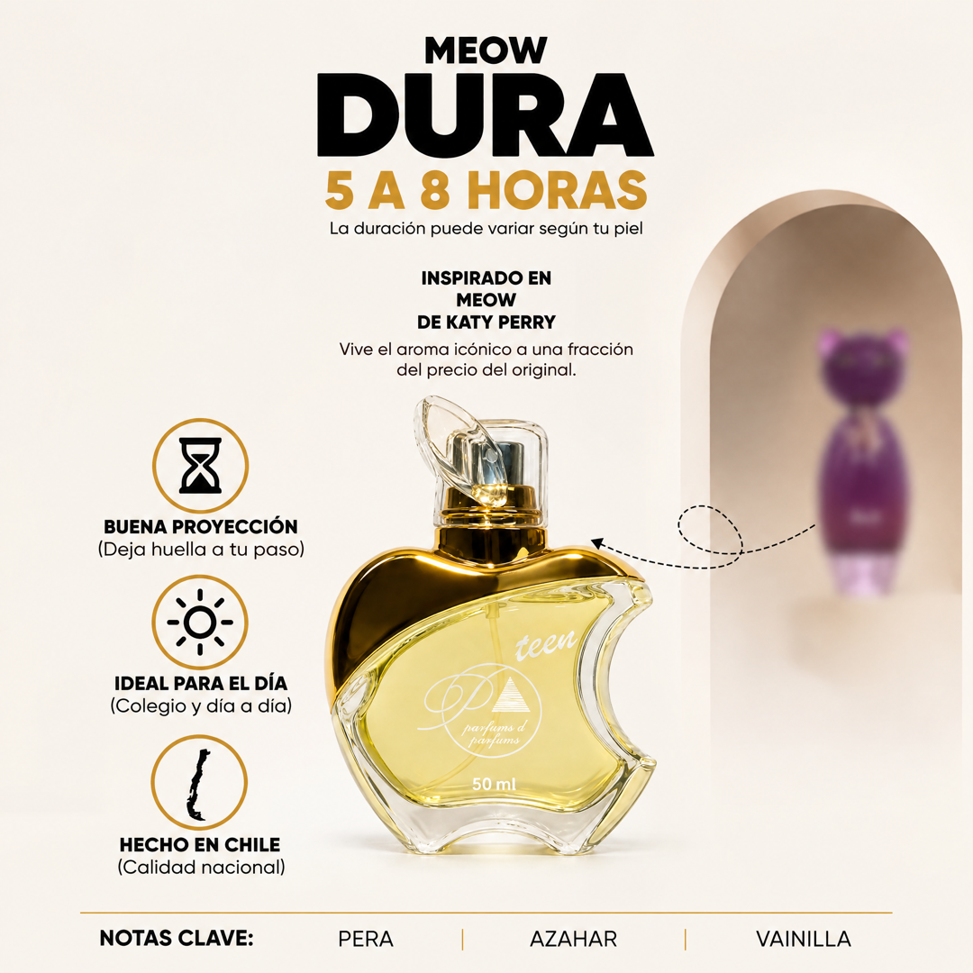 Perfume teen inspirado en Meow con duración de 5 a 8 horas