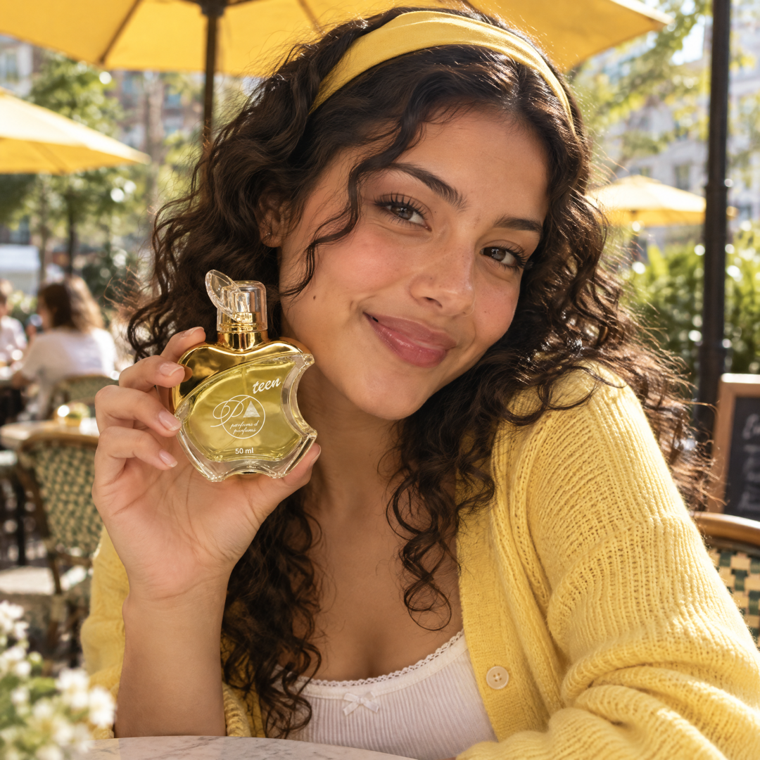 Adolescente con el perfume teen inspirado en Meow en una terraza soleada