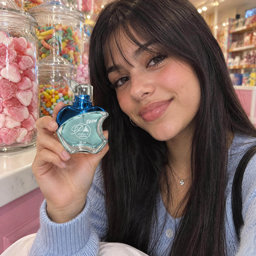 Adolescente con el perfume teen inspirado en Sweet Like Candy en una tienda de dulces