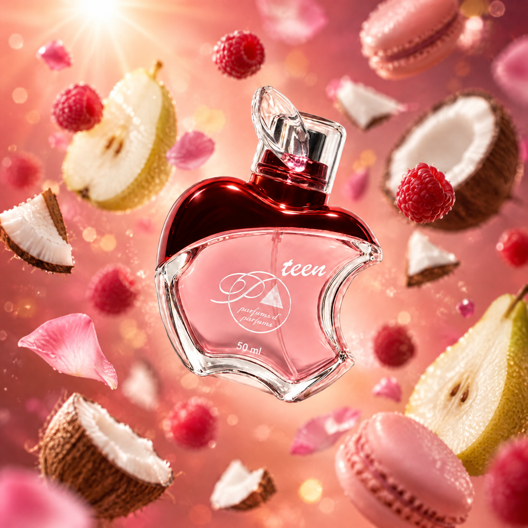 Ingredientes del perfume teen inspirado en Thank U Next: pera, frambuesa, coco, rosa y macaron