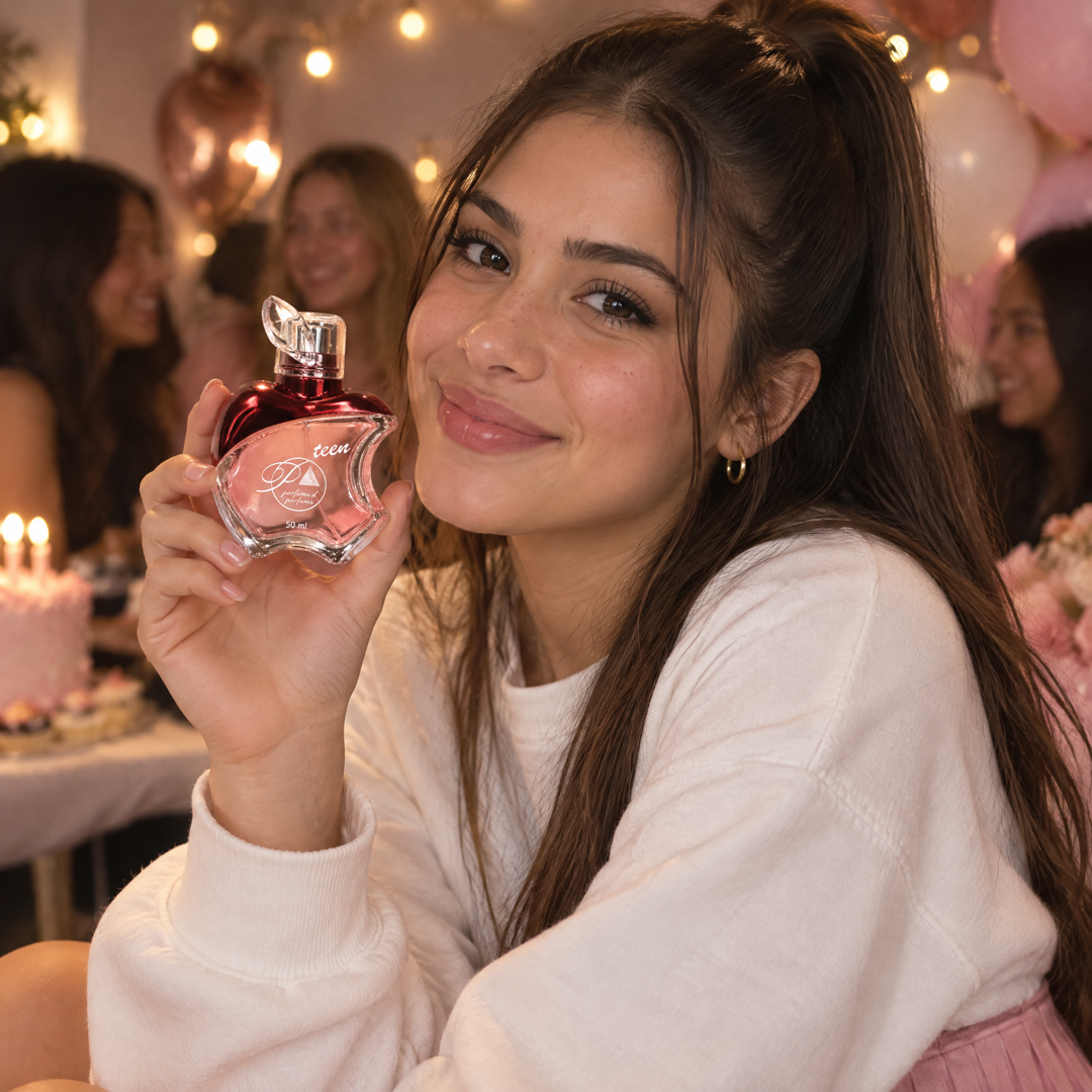 Adolescente con el perfume teen inspirado en Thank U Next en un cumpleaños con globos