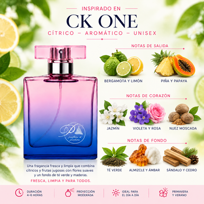 Notas olfativas del perfume unisex inspirado en CK One: bergamota, limón, piña, jazmín, té verde y sándalo